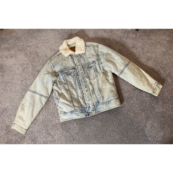 American Eagle Faux Shearling-Lined Denim Jacket With Button & Zip Closure XS - Picture 2 of 14